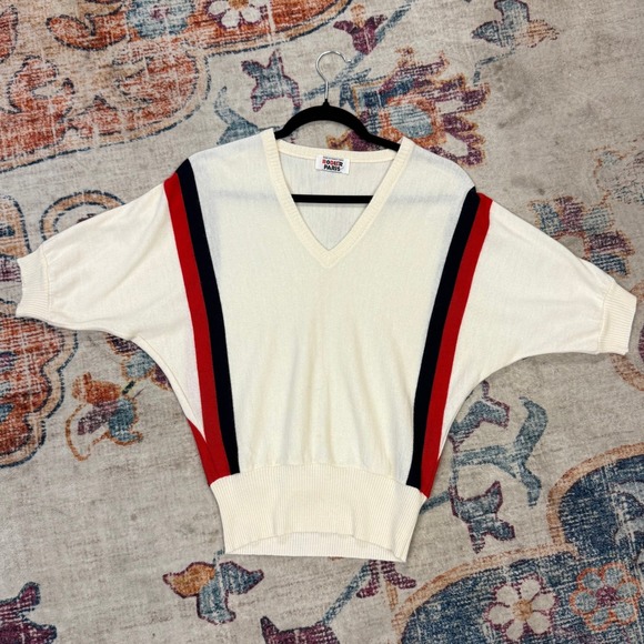 RODIER PARIS Sweaters - RODIER PARIS Wool Blend Knit Sweater V Neck Dolman Sleeve Cream Red Navy Stripes